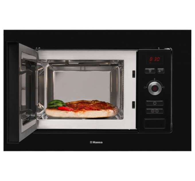 Микроволновая печь Hansa встраиваемая, 20л, электр. управл., 800Вт, гриль, дисплей, откр.кнопкой, черный