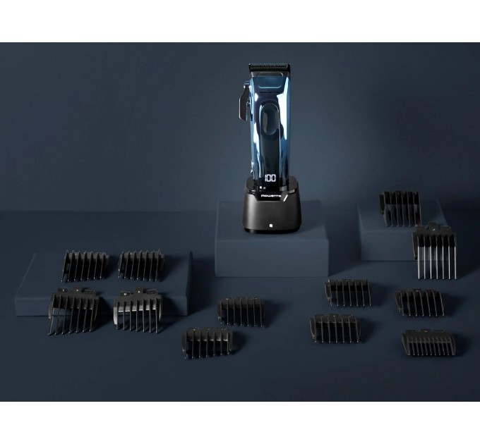 Машинка для стрижки Rowenta Barber Experience, для голови, мережа+акум., роторний мотор DC, насадок-12, нержавіюча сталь з покриттям DLC, синій