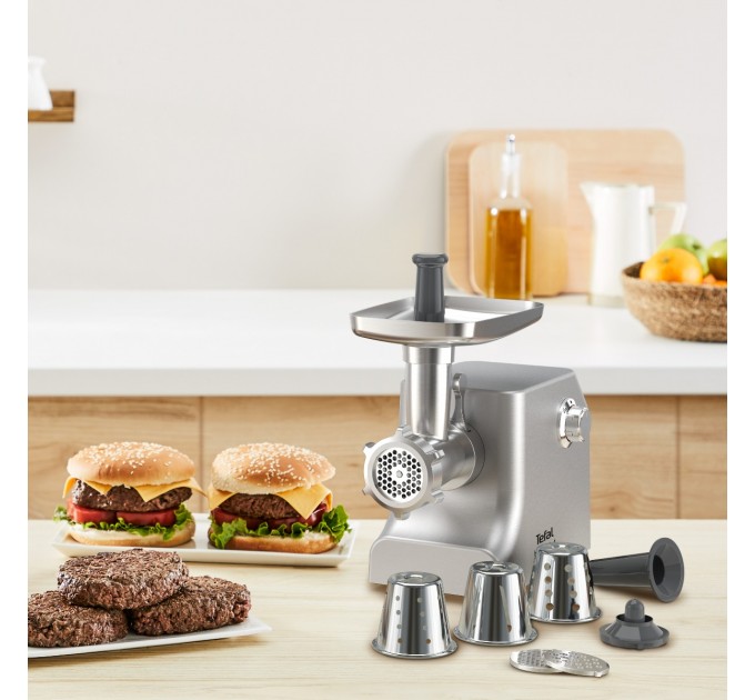 М'ясорубка Tefal HV10 8in1, 2200Вт, 5.5кг/хв, 3 решітки, насадка для ковбас, кеббе, 3 терки, метал