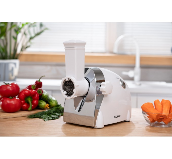 М'ясорубка ARDESTO, 2000Вт, продук.-1.9кг/хв, 3 решітки + для ковб., кеббе, 3 терки, пластик, біло-сріблястий