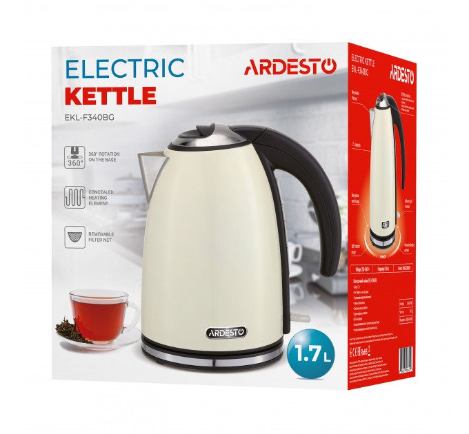 Електрочайник ARDESTO 1.7л, Strix, метал, бежевий глянець