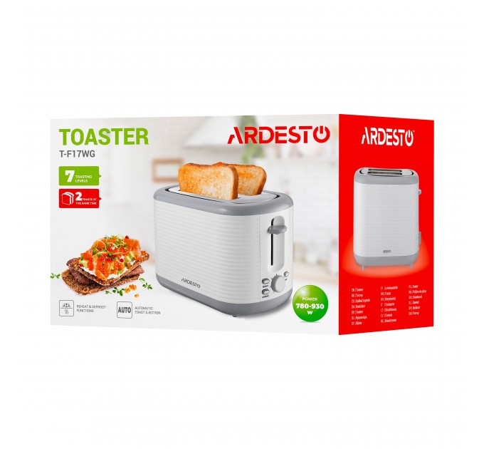 Тостер ARDESTO White stripes T-F17WG 930Вт, пластик, белый+серый