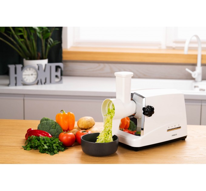 М'ясорубка ARDESTO, 1750Вт, 2кг/хв, 3 решітки, насадка для ковбас, кеббе, 4 терки, пластик, біло-сріблястий