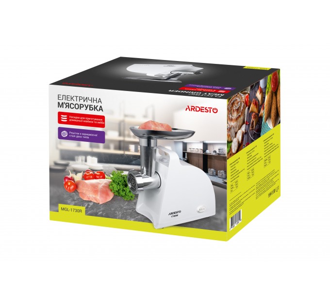 М'ясорубка ARDESTO, 1700Вт, 1.6кг/хв, 2 решітки, насадка для ковбас, кеббе, пластик, білий