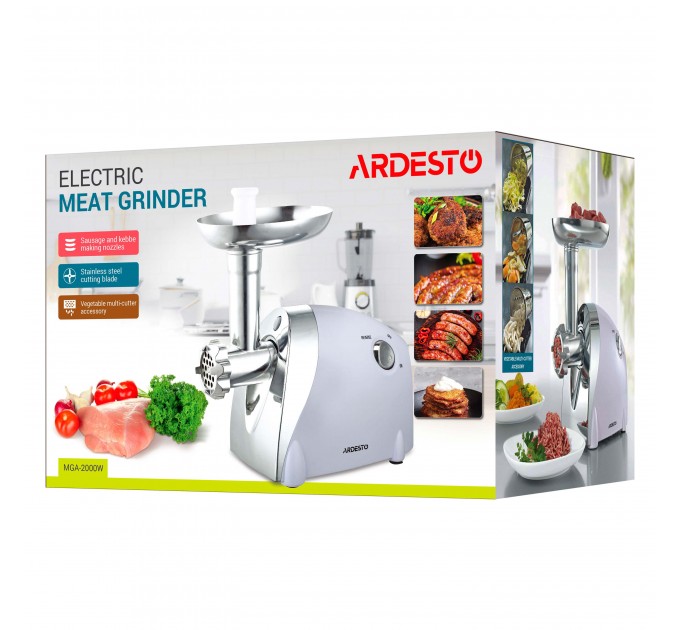 М'ясорубка ARDESTO, 2000Вт, продук.-1.9кг/хв, 3 решітки + для ковб., кеббе, 3 терки, пластик, біло-сріблястий