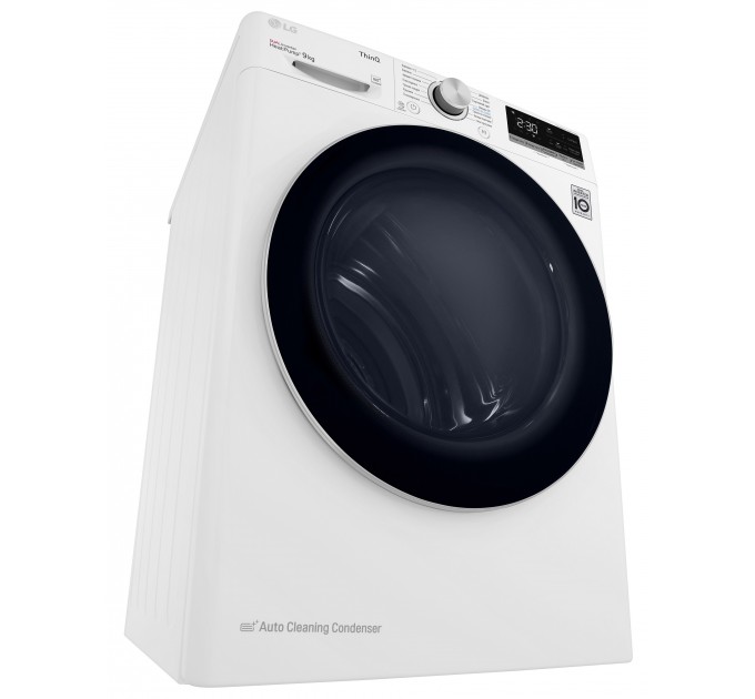 Сушильная машина LG тепловой насос, 9кг, A++, 69см, дисплей, автоочистка конденсатора, белый