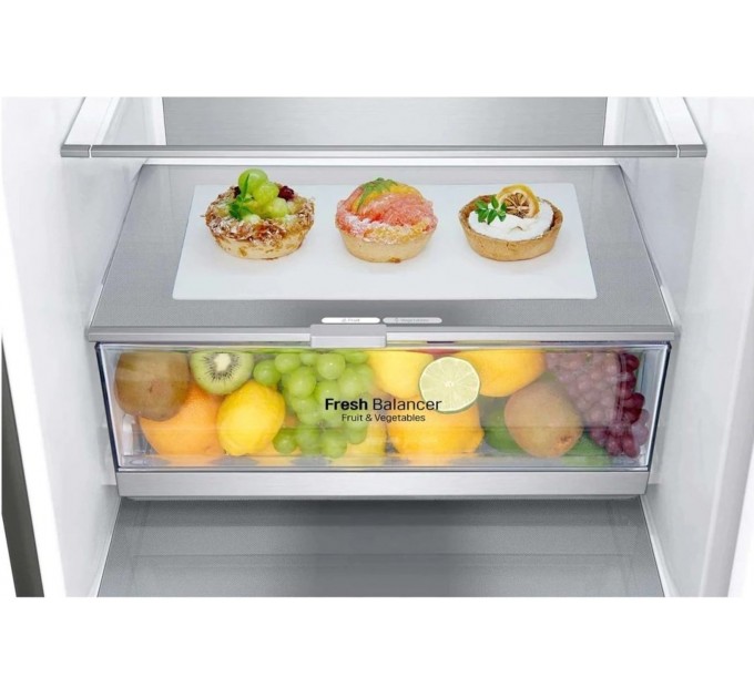 Холодильник LG с нижн. мороз., 203x60х68, холод.отд.-277л, мороз.отд.-107л, 2дв., А++, NF, инв., диспл внешн., Fresh Сonverter, Metal Fresh, серебристый