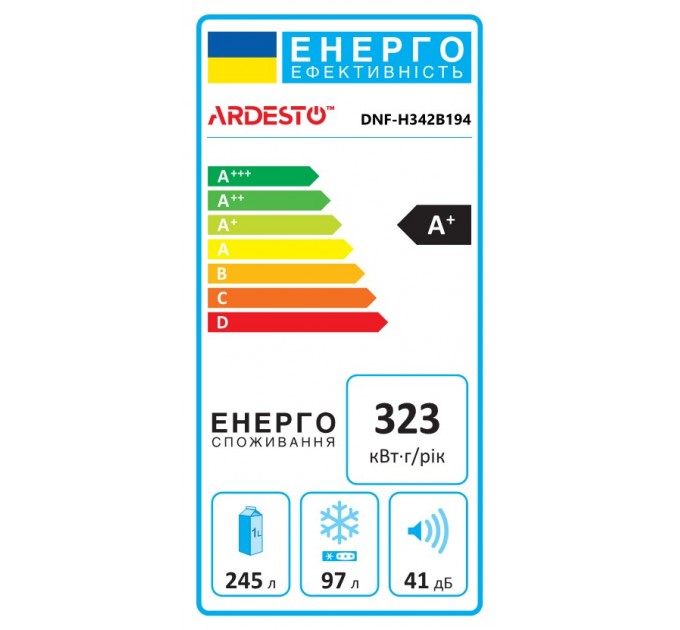 Холодильник ARDESTO з нижн. мороз., 195x60х67, холод.відд.-245л, мороз.відд.-97л, 2дв., А+, NF, диспл зовн., зона св-ті, чорний
