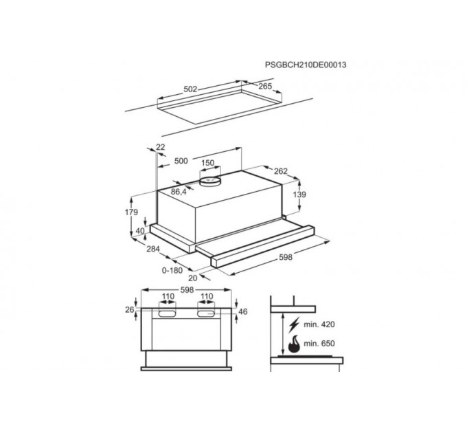 Вытяжка Electrolux телескопическая, 59см, 410м.куб/ч, черный