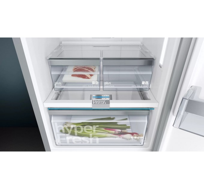 Холодильник Siemens з нижн. мороз., 203x60x67, xолод.відд.-279л, мороз.відд.-87л, 2дв., А++, NF, дисплей, нерж