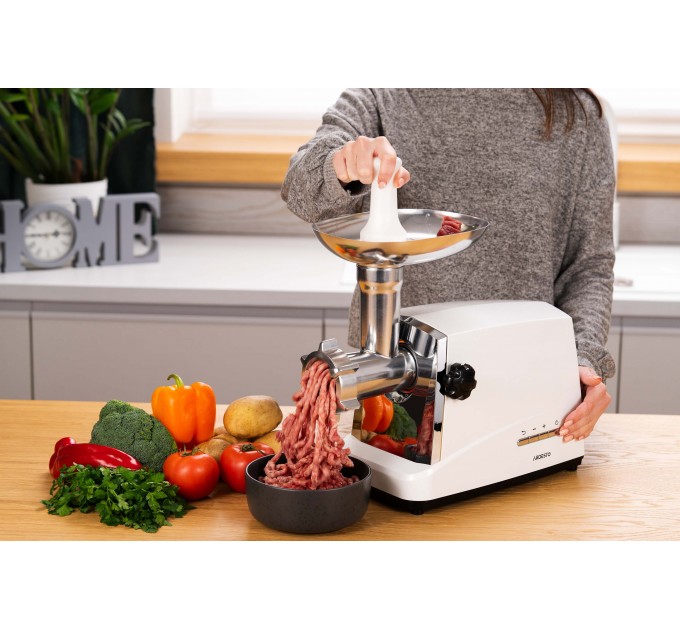 М'ясорубка ARDESTO, 1750Вт, 2кг/хв, 3 решітки, насадка для ковбас, кеббе, 4 терки, пластик, біло-сріблястий