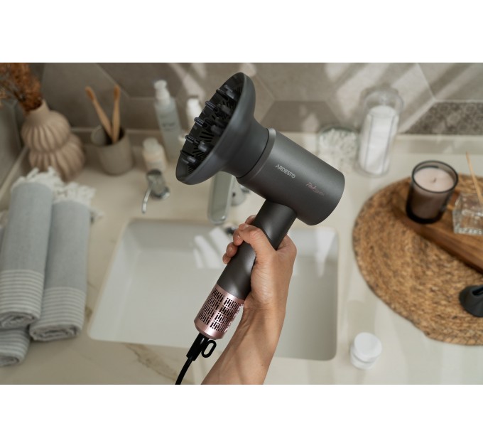 Фен ARDESTO Pink Touch, 1600Вт, 2 швидкості, 3темп.режими, іонізація, дифузор, магнітні насадки, сірий+рожевий