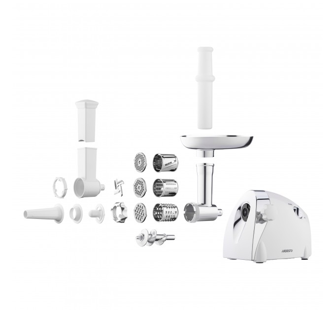 М'ясорубка ARDESTO, 2000Вт, продук.-1.9кг/хв, 3 решітки + для ковб., кеббе, 3 терки, пластик, біло-сріблястий