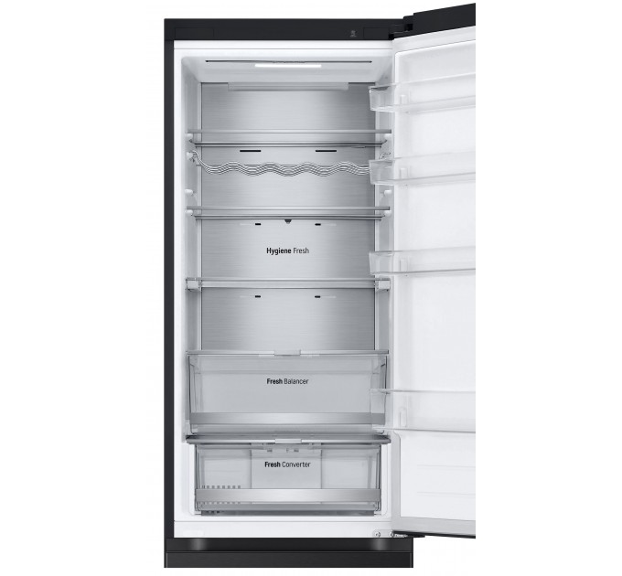 Холодильник LG з нижн. мороз., 203x60х68, холод.відд.-277л, мороз.відд.-110л, 2дв., E, NF, інв., диспл зовн., Fresh Сonverter, Metal Fresh, чорний