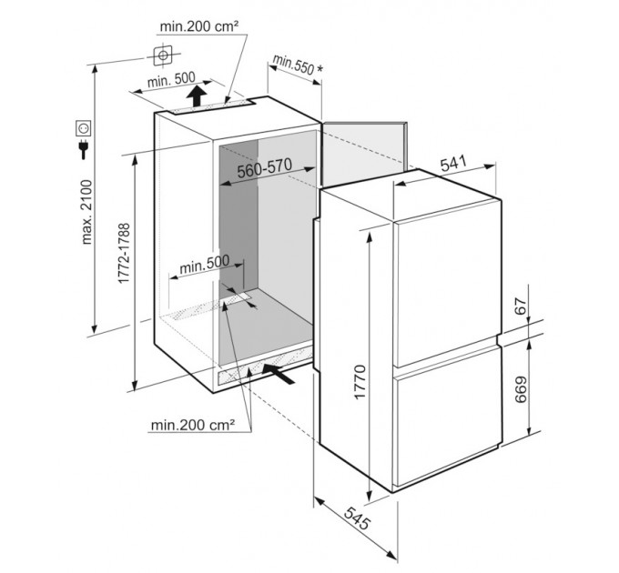 Холодильник Liebherr встраиваемый с нижн. мороз., 177x54.1х54.5, холод.отд.-182л, мороз.отд.-69л, 2дв., A+, NF, диспл внутр., белый