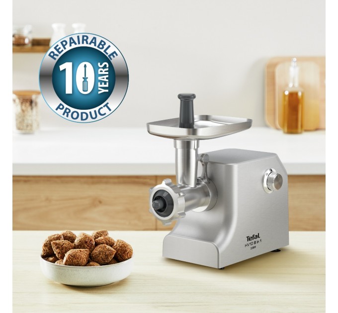 М'ясорубка Tefal HV10 8in1, 2200Вт, 5.5кг/хв, 3 решітки, насадка для ковбас, кеббе, 3 терки, метал