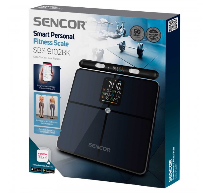 Ваги Sencor підлогові діагностичні, 180кг, підсвіч., дисплея, підкл. до смартфону, 4хAAA, скло, темно-синій
