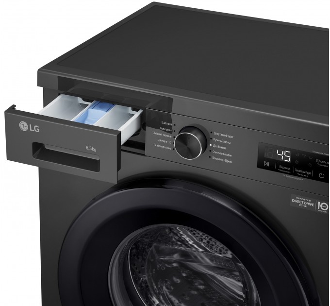 Стиральная машина LG фронтальная, 6.5кг, 1200, A+++, 44см, дисплей, пар, инвертор, черный