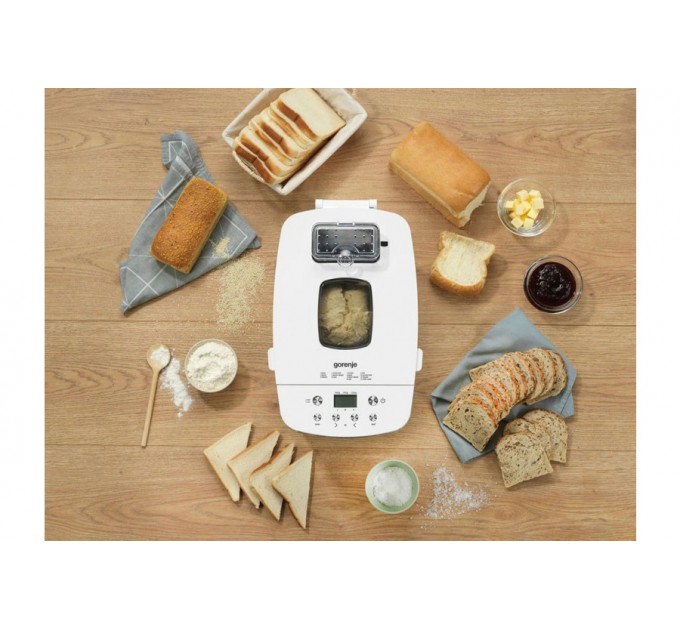 Хлебопечка Gorenje 750Вт, программ-14, макс.вес -1.350кг, форма прямоугольник, пластик, белый