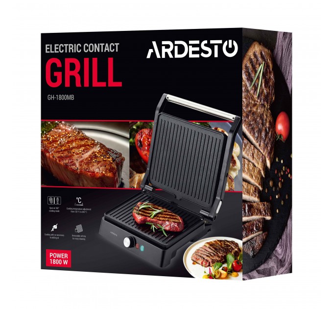 Гриль ARDESTO прижимной 1800Вт, раскрытие на 180°, металл, черно-серебристый