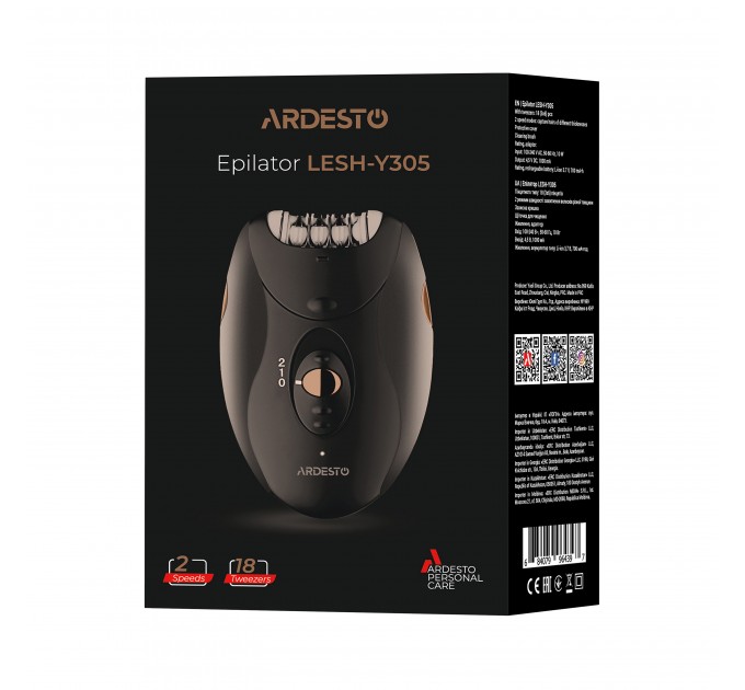 Епілятор ARDESTO LESH-Y305 пінцетний, акумул., пінцет.-18, сух., насадок-1, чорний