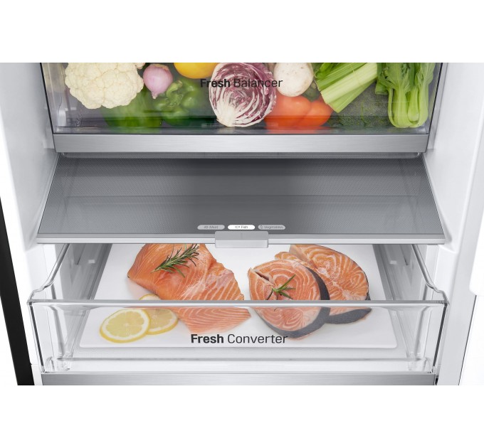 Холодильник LG з нижн. мороз., 203x60х68, холод.відд.-277л, мороз.відд.-110л, 2дв., E, NF, інв., диспл зовн., Fresh Сonverter, Metal Fresh, чорний