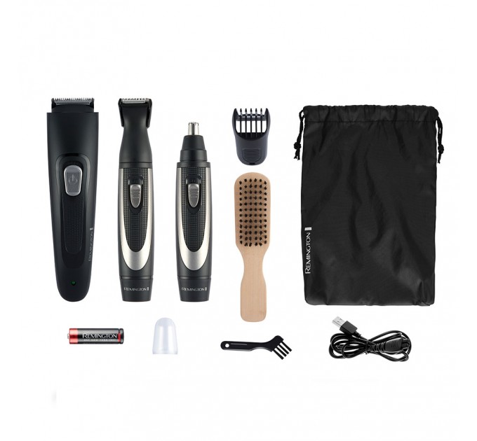 Набор триммеров Remington WORKS для бороды, усов, носа, ушей, сеть+1хАА, чехол, расческа, сталь, черный