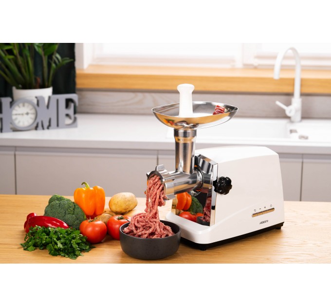 М'ясорубка ARDESTO, 1750Вт, 2кг/хв, 3 решітки, насадка для ковбас, кеббе, 4 терки, пластик, біло-сріблястий