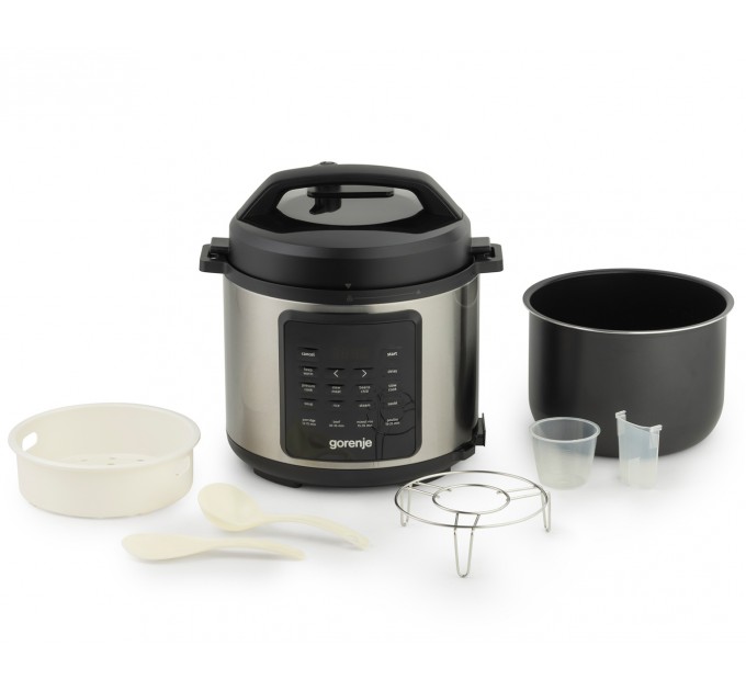 Мультиварка-скороварка Gorenje, 1000Вт, чаша-6л, электронное управл., 8 програм, металл/пластик, черный-нерж