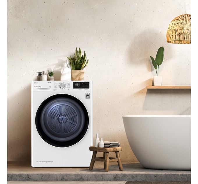 Сушильная машина LG тепловой насос, 9кг, A++, 69см, дисплей, автоочистка конденсатора, белый