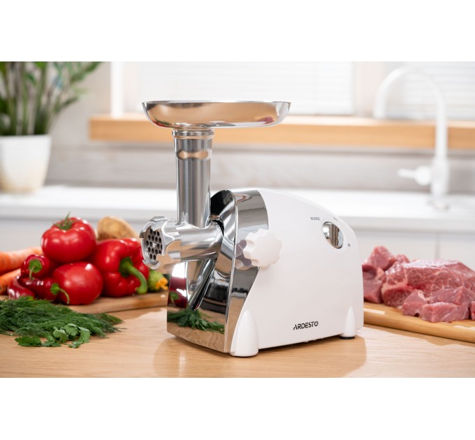 М'ясорубка ARDESTO, 2000Вт, продук.-1.9кг/хв, 3 решітки + для ковб., кеббе, 3 терки, пластик, біло-сріблястий