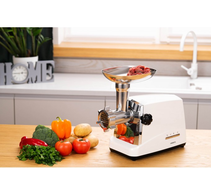 М'ясорубка ARDESTO, 1750Вт, 2кг/хв, 3 решітки, насадка для ковбас, кеббе, 4 терки, пластик, біло-сріблястий