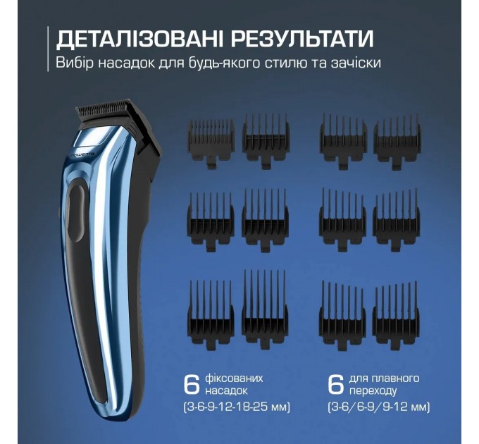 Машинка для стрижки Rowenta Barber Experience, для голови, мережа+акум., роторний мотор DC, насадок-12, нержавіюча сталь з покриттям DLC, синій