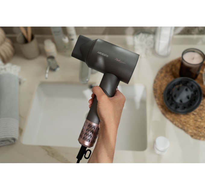 Фен ARDESTO Pink Touch, 1600Вт, 2 швидкості, 3темп.режими, іонізація, дифузор, магнітні насадки, сірий+рожевий