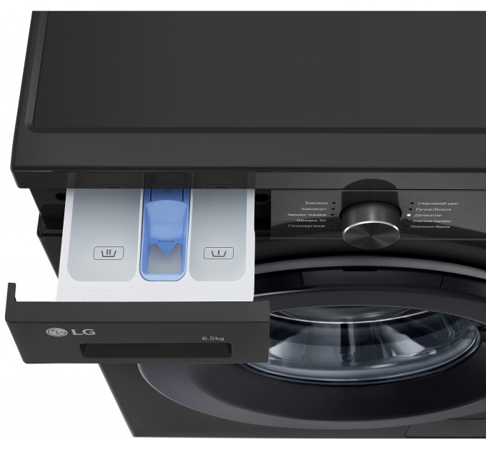 Стиральная машина LG фронтальная, 6.5кг, 1200, A+++, 44см, дисплей, пар, инвертор, черный