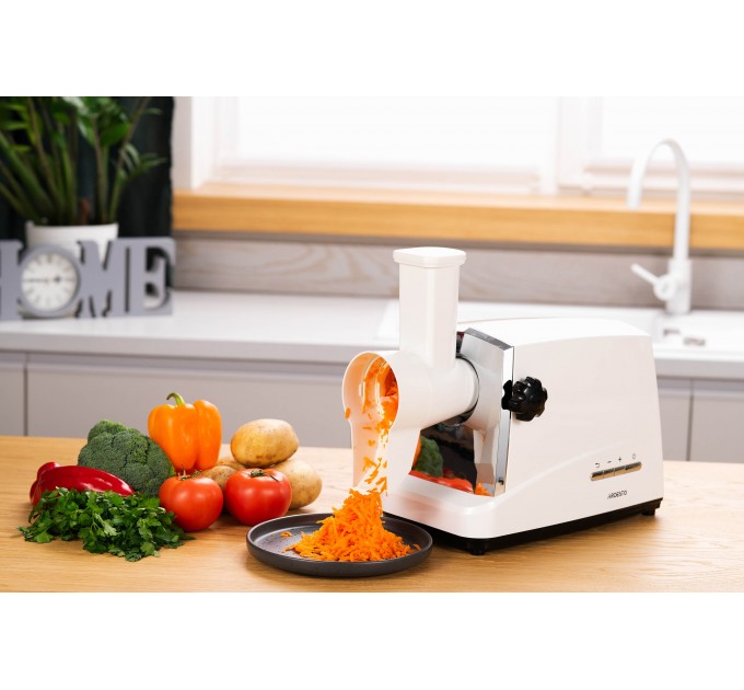 М'ясорубка ARDESTO, 1750Вт, 2кг/хв, 3 решітки, насадка для ковбас, кеббе, 4 терки, пластик, біло-сріблястий