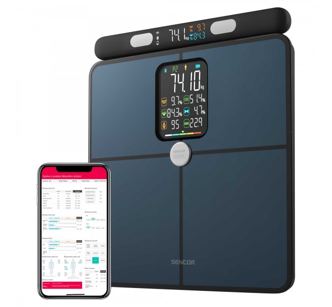 Ваги Sencor підлогові діагностичні, 180кг, підсвіч., дисплея, підкл. до смартфону, 4хAAA, скло, темно-синій