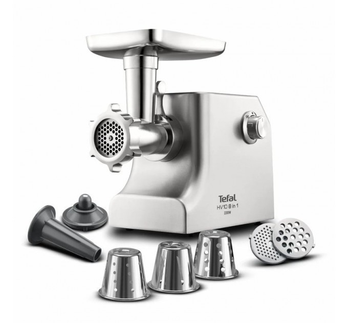 М'ясорубка Tefal HV10 8in1, 2200Вт, 5.5кг/хв, 3 решітки, насадка для ковбас, кеббе, 3 терки, метал