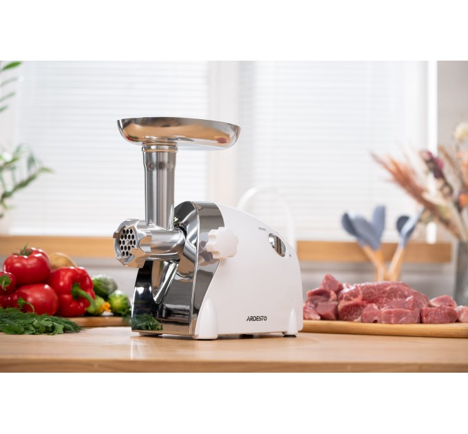 М'ясорубка ARDESTO, 2000Вт, продук.-1.9кг/хв, 3 решітки + для ковб., кеббе, 3 терки, пластик, біло-сріблястий