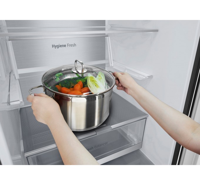 Холодильник LG з нижн. мороз., 203x60х68, холод.відд.-277л, мороз.відд.-110л, 2дв., E, NF, інв., диспл зовн., Fresh Сonverter, Metal Fresh, чорний