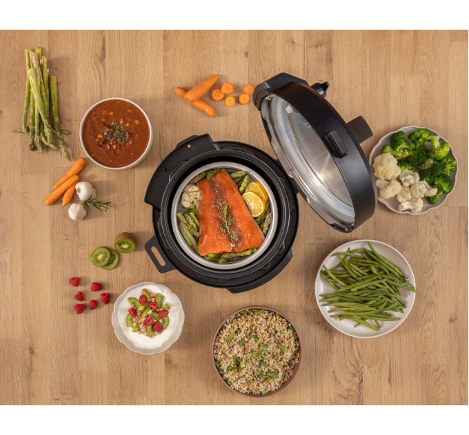 Мультиварка-скороварка Gorenje, 1000Вт, чаша-6л, электронное управл., 8 програм, металл/пластик, черный-нерж