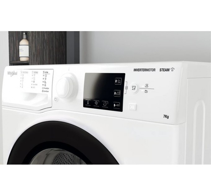 Стиральная машина Whirlpool фронтальная, 7кг, 1200, A+++, 43.5см, дисплей, пар, инвертор, люк черный, белый