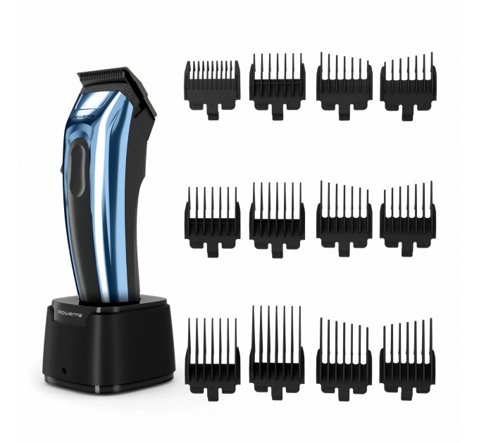 Машинка для стрижки Rowenta Barber Experience, для голови, мережа+акум., роторний мотор DC, насадок-12, нержавіюча сталь з покриттям DLC, синій