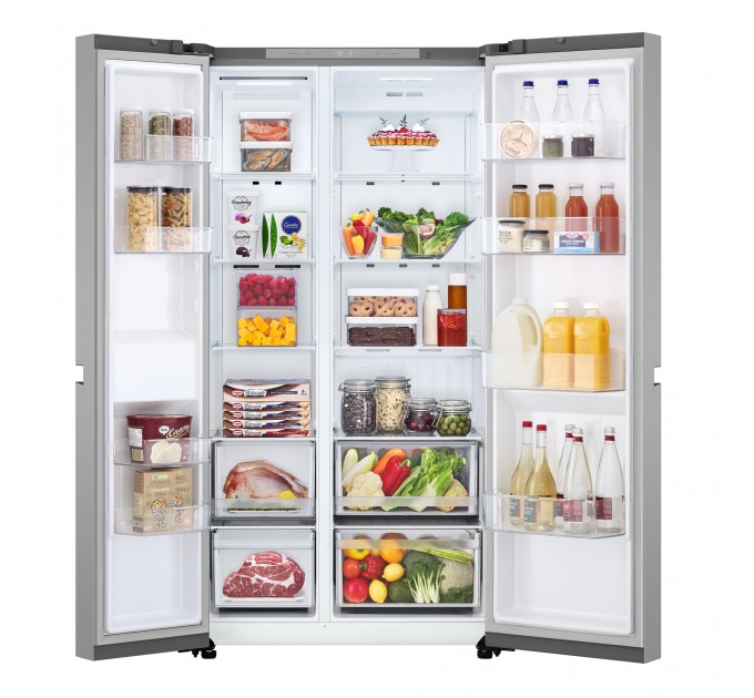 Холодильник LG SBS, 179x91х74, холод.відд.-423л, мороз.відд.-241л, 2дв., E, NF, інв., диспл внутр., сріблястий