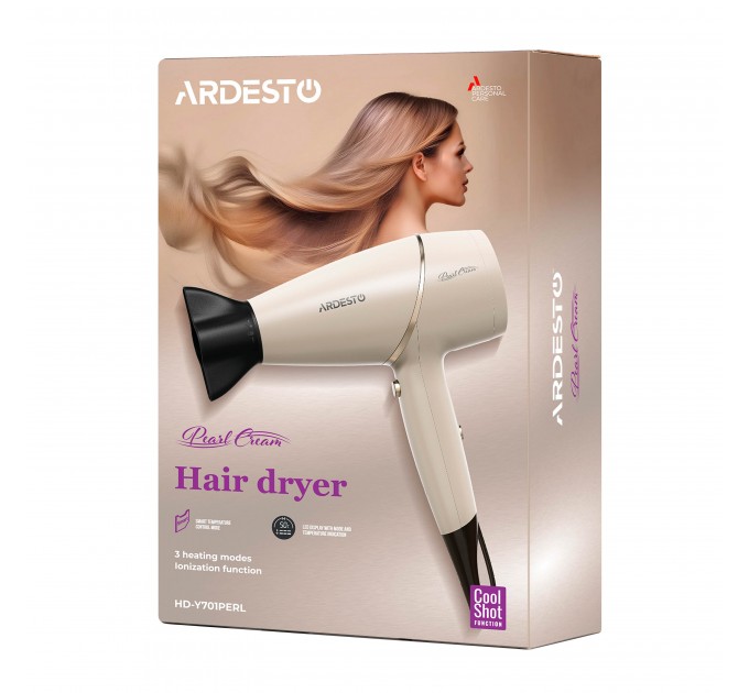 Фен ARDESTO Pearl Cream HD-Y700PERL, 1750-2100Вт, 3 скорости, 3 темп.режима, бежевый