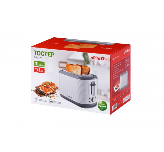 Тостер ARDESTO White stripes T-F17WG 930Вт, пластик, белый+серый