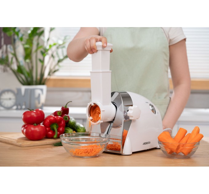 М'ясорубка ARDESTO, 2000Вт, продук.-1.9кг/хв, 3 решітки + для ковб., кеббе, 3 терки, пластик, біло-сріблястий