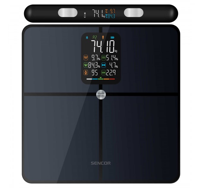 Ваги Sencor підлогові діагностичні, 180кг, підсвіч., дисплея, підкл. до смартфону, 4хAAA, скло, темно-синій