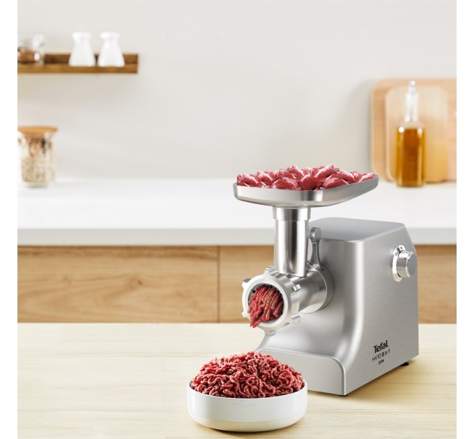 М'ясорубка Tefal HV10 8in1, 2200Вт, 5.5кг/хв, 3 решітки, насадка для ковбас, кеббе, 3 терки, метал