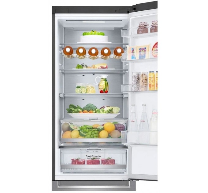 Холодильник LG с нижн. мороз., 203x60х68, холод.отд.-277л, мороз.отд.-107л, 2дв., А++, NF, инв., диспл внешн., Fresh Сonverter, Metal Fresh, серебристый